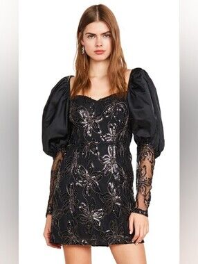 ROTATE Birger Christensen Number 27 Sequin Floral Puff Sleeve Mini Dress 38 NWT